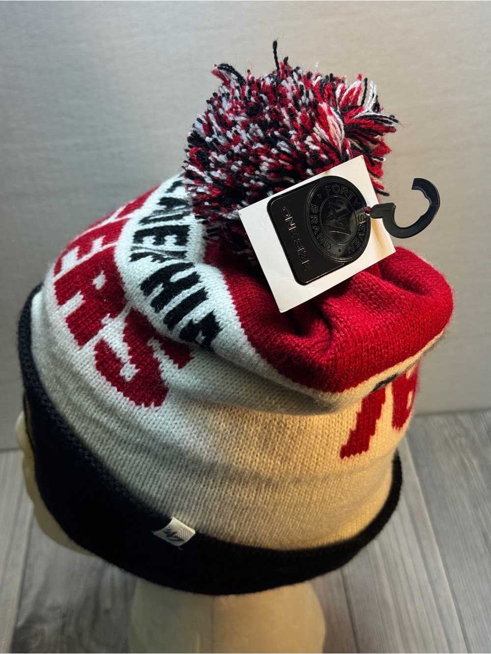 New Philadelphia 76ers Retro Logo ‘47 Brand Beanie w/pom Knit Red Black Hat - Picture 7 of 10
